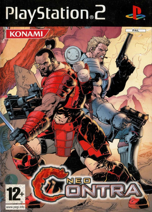 PlayStation 2 Neo Contra van Konami, doos voorkant met twee getekende soldaten, tweedehands
