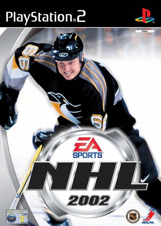 PlayStation 2 NHL 2002 van EA Sports, doos voorkant met een ijshockeyer in een Penguins-shirt met nummer 66, tweedehands