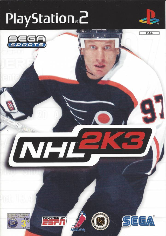 PlayStation 2 NHL 2K3 van Sega Sports, doos voorkant met een ijshockeyer van de Philadelphia Flyers, tweedehands