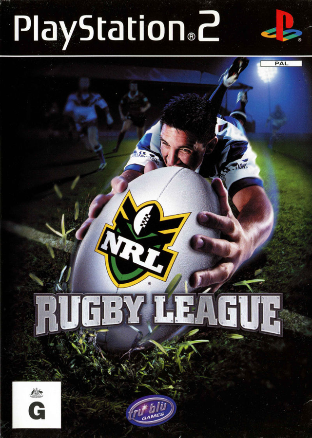 PlayStation 2 NRL Rugby League, doos voorkant met een rugbyspeler en bal, Australische uitgave, tweedehands