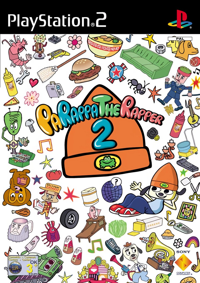 PlayStation 2 PaRappa the Rapper 2 van Sony, doos voorkant met een oranje muts tussen getekende voorwerpen, tweedehands