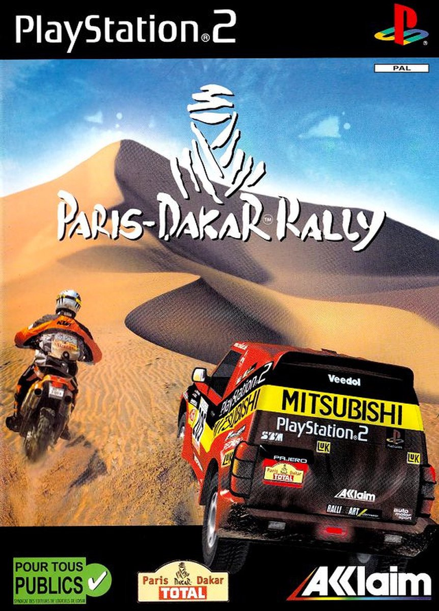 PlayStation 2 Paris-Dakar Rally van Acclaim, Franse doos voorkant met een motor en een Mitsubishi in de duinen, tweedehands