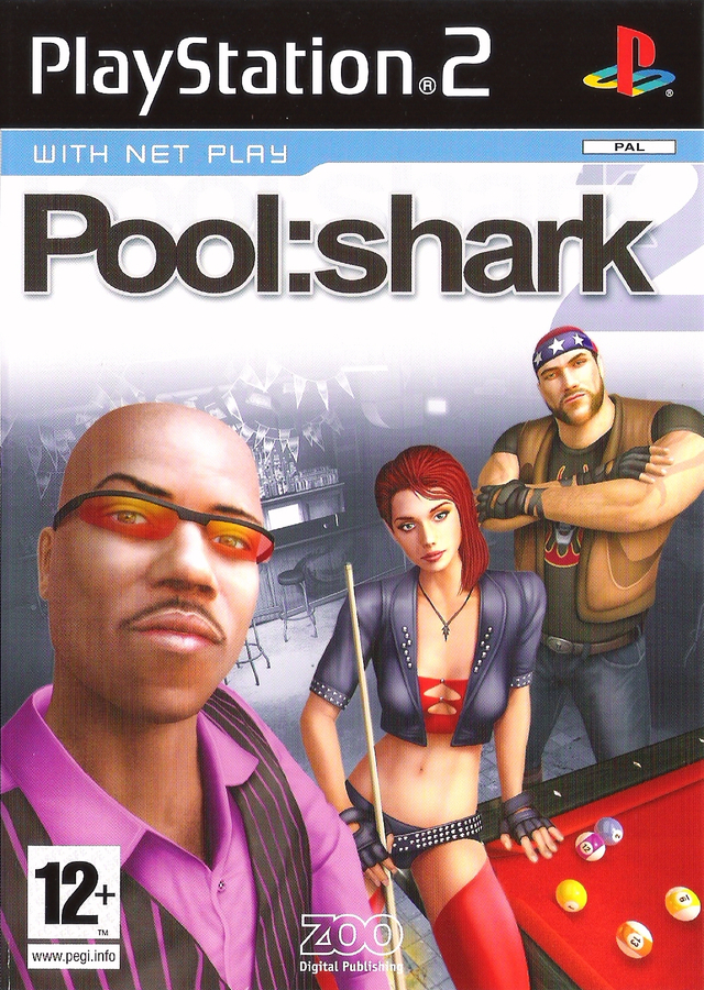 PlayStation 2 Pool Shark 2 van Zoo Digital, doos voorkant met drie spelers aan een pooltafel, tweedehands