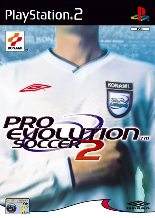 PlayStation 2 Pro Evolution Soccer 2 van Konami, doos voorkant met een voetballer in een wit shirt, tweedehands