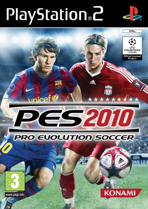 PlayStation 2 Pro Evolution Soccer 2010 van Konami, doos voorkant met Messi en Torres, tweedehands