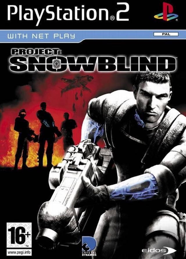 PlayStation 2 Project Snowblind van Eidos, doos voorkant met een soldaat met een groot wapen, tweedehands