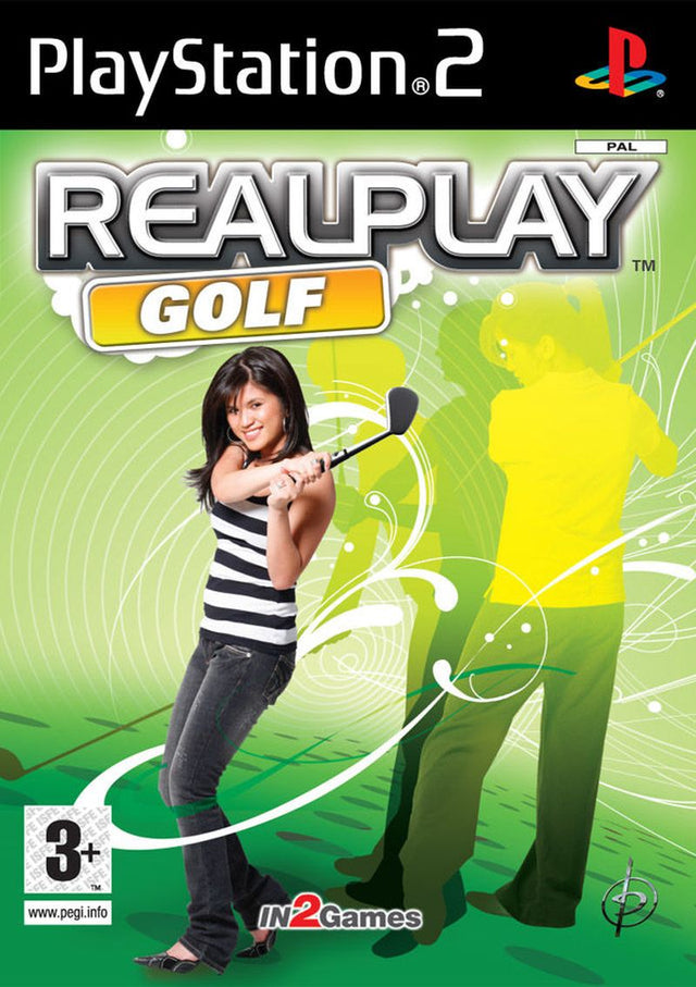 PlayStation 2 Real Play Golf, groene doos voorkant met een lachend meisje met golfclub