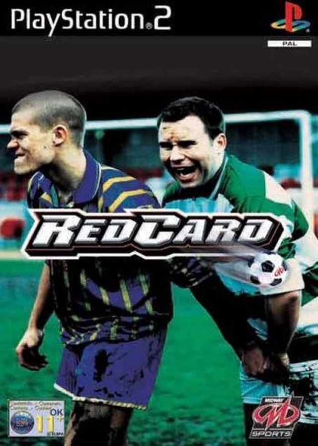 PlayStation 2 Red Card van Midway, doos voorkant met twee voetballers in een duel, tweedehands