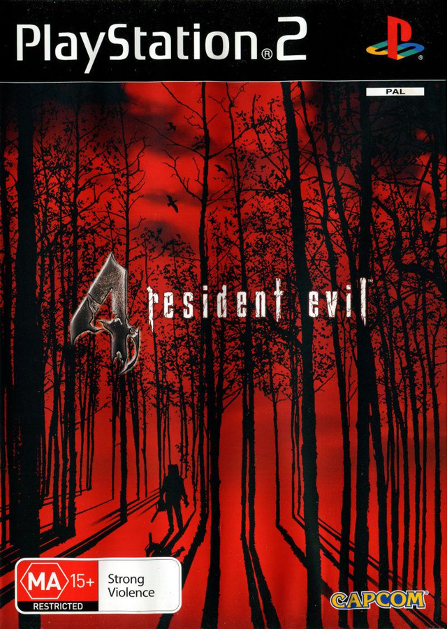 PlayStation 2 Resident Evil 4 van Capcom, Australische doos voorkant met een figuur in een rood bos, tweedehands