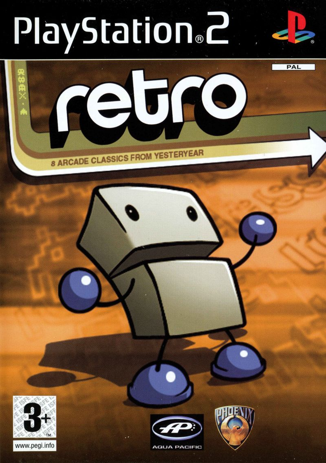 PlayStation 2 Retro van Phoenix Games, doos voorkant met een getekende blokrobot, 8 arcadeklassiekers, tweedehands