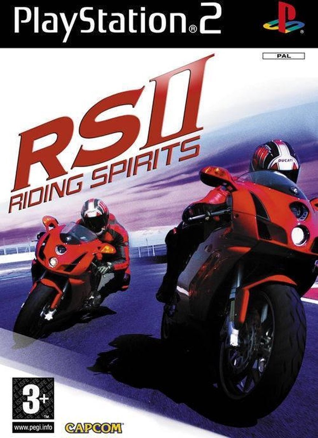 PlayStation 2 Riding Spirits 2 van Capcom, doos voorkant met twee rode racemotoren, tweedehands