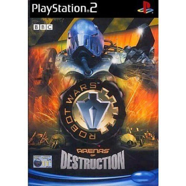 PlayStation 2 Robot Wars Arenas of Destruction van BBC, doos voorkant met een robot met helm boven het logo, tweedehands