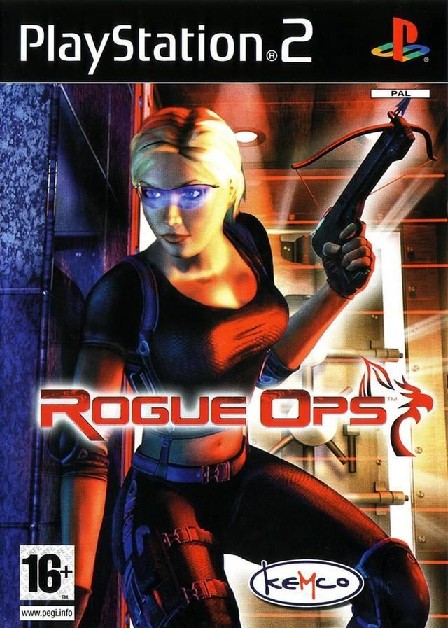 PlayStation 2 Rogue Ops van Kemco, doos voorkant met een agente met kruisboog en blauwe bril, tweedehands