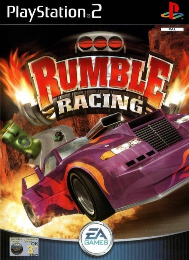 PlayStation 2 Rumble Racing van EA Games, doos voorkant met een paarse raceauto in de vlammen, tweedehands