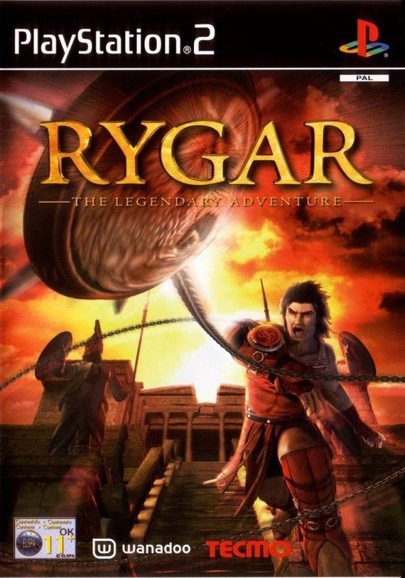 PlayStation 2 Rygar The Legendary Adventure van Tecmo, doos voorkant met een krijger en een schild, tweedehands