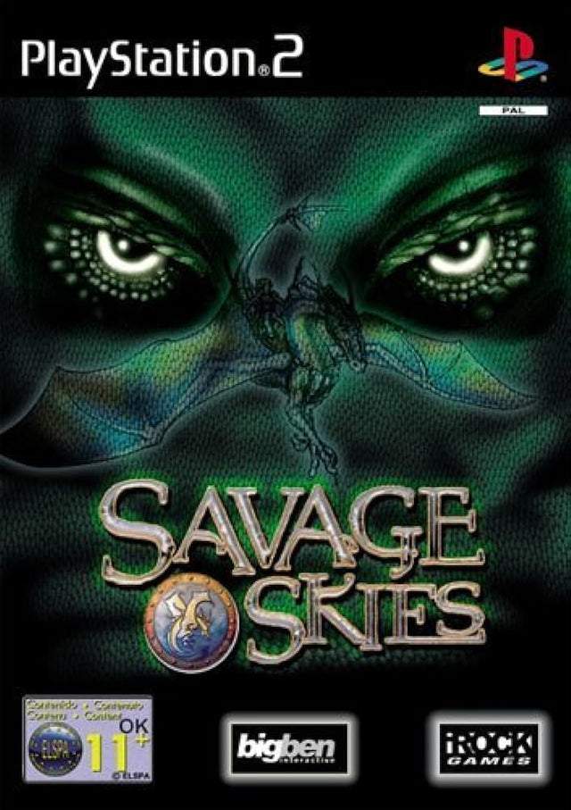 PlayStation 2 Savage Skies, groene doos voorkant met reptielenogen en een draak
