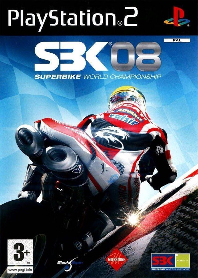 PlayStation 2 SBK 08 Superbike World Championship van Milestone, doos voorkant met een coureur op een superbike, tweedehands