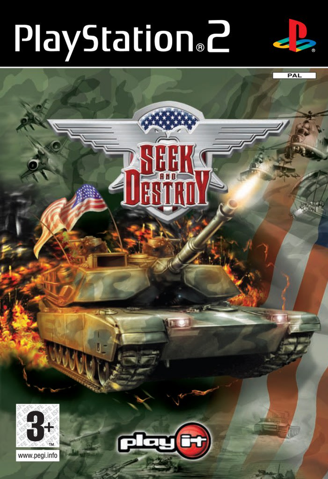 PlayStation 2 Seek and Destroy van Play It, doos voorkant met een schietende tank met Amerikaanse vlag
