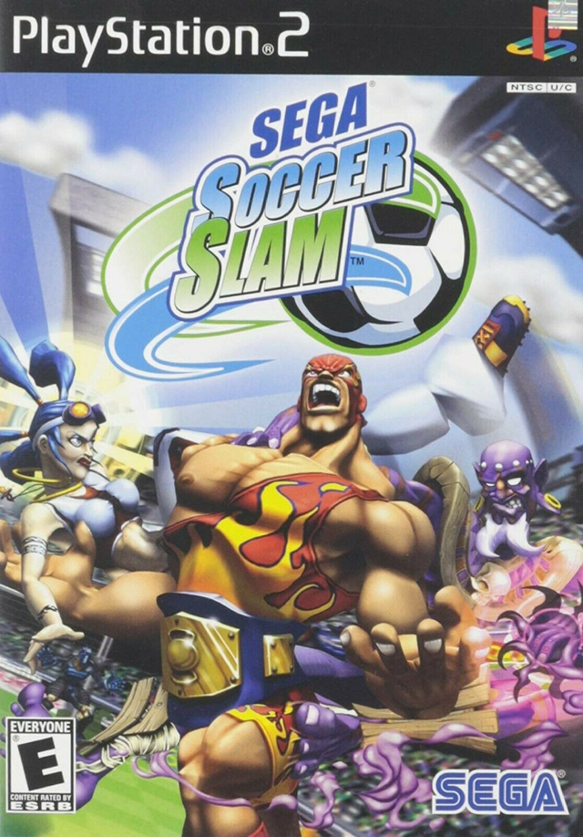 PlayStation 2 Sega Soccer Slam van Sega, doos voorkant met een gespierde voetballer, Amerikaanse ESRB-uitgave
