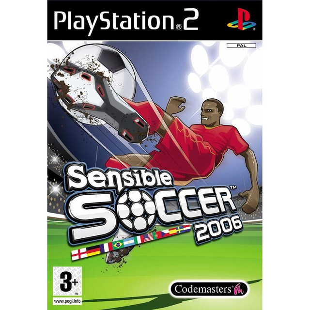 PlayStation 2 Sensible Soccer 2006 van Codemasters, doos voorkant met een getekende voetballer, tweedehands