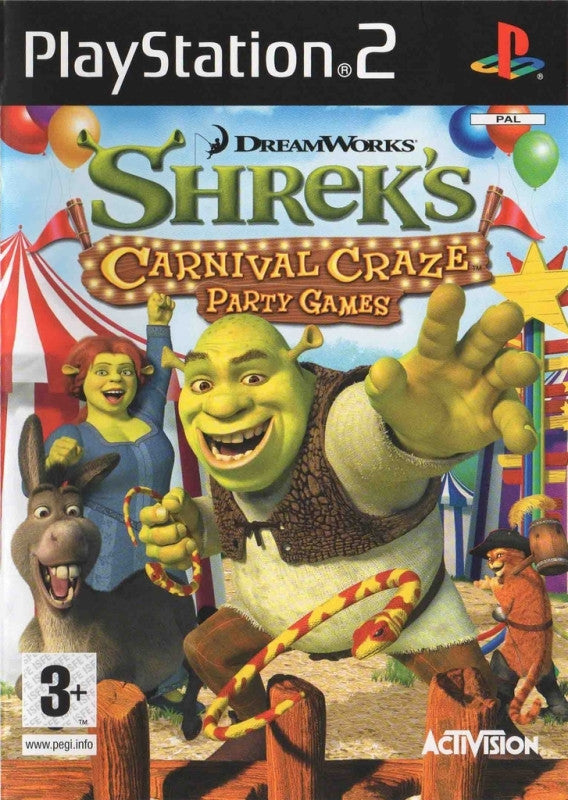 PlayStation 2 Shrek Crazy Party Games, doos voorkant Shrek's Carnival Craze Party Games met Shrek, Fiona en Ezel