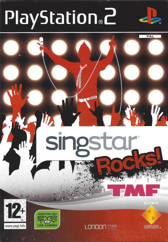 PlayStation 2 SingStar Rocks TMF, doos voorkant met een zanger voor een lichtwand, tweedehands