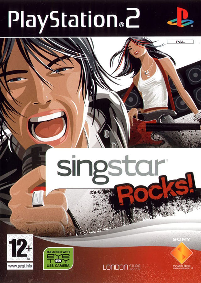 PlayStation 2 SingStar Rocks! van Sony, doos voorkant met een zanger en een gitariste, tweedehands
