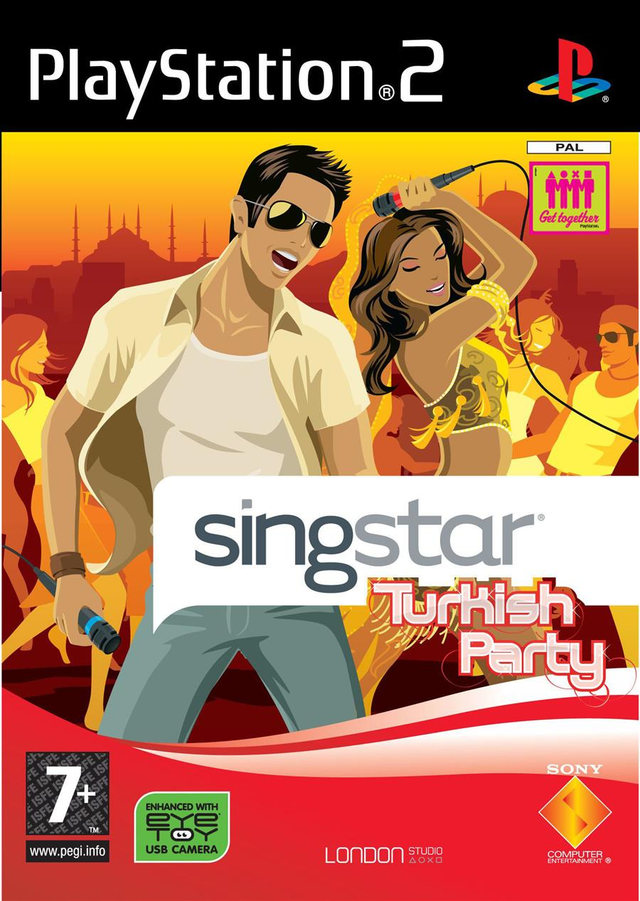 PlayStation 2 SingStar Turkish Party van Sony, doos voorkant met een zingend en dansend stel, tweedehands