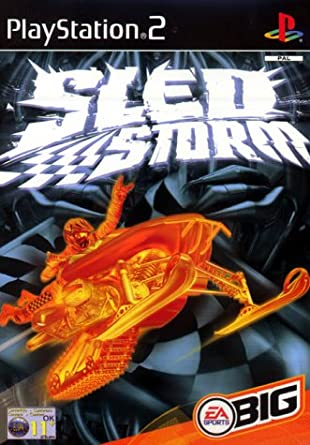 PlayStation 2 Sled Storm van EA Sports BIG, doos voorkant met een oranje sneeuwscooter, tweedehands