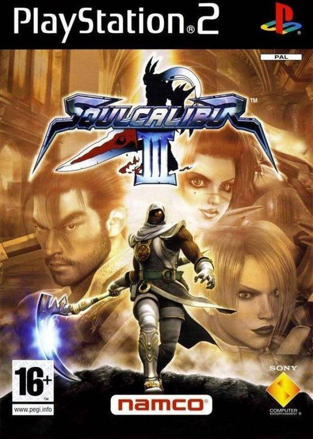 PlayStation 2 Soul Calibur III van Namco, doos voorkant met een gemaskerde krijger en vechters, tweedehands