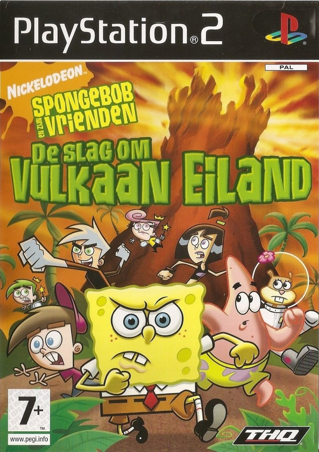 PlayStation 2 SpongeBob en zijn Vrienden De Slag om Vulkaan Eiland, doos voorkant, Nederlandse uitgave, tweedehands