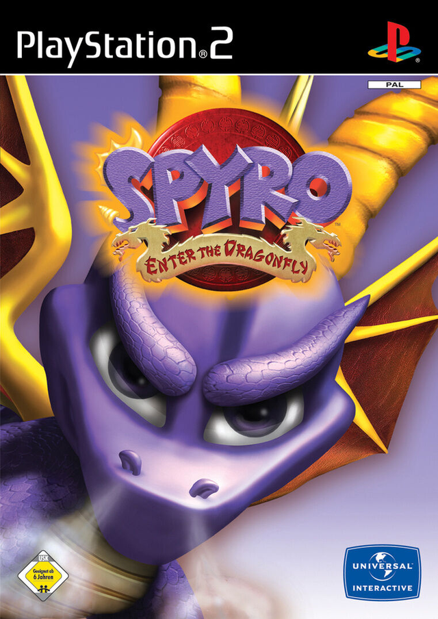 PlayStation 2 Spyro Enter the Dragonfly van Universal, doos voorkant met de paarse draak Spyro, tweedehands