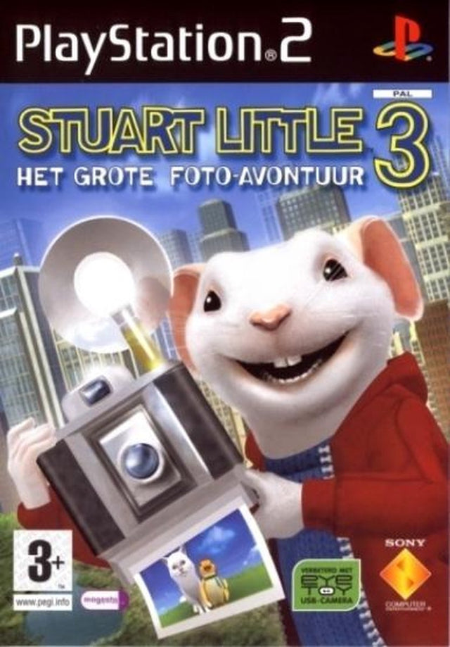PlayStation 2 Stuart Little 3 Het Grote Foto-Avontuur, doos voorkant met Stuart en een camera