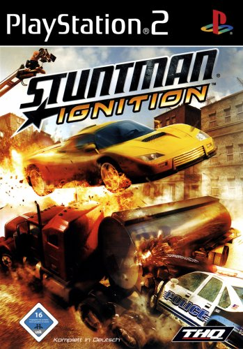 PlayStation 2 Stuntman Ignition van THQ, doos voorkant met een gele auto boven een ontploffende tankwagen, Duitse uitgave