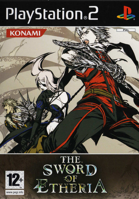 PlayStation 2 The Sword of Etheria van Konami, doos voorkant met getekende zwaardvechters, tweedehands