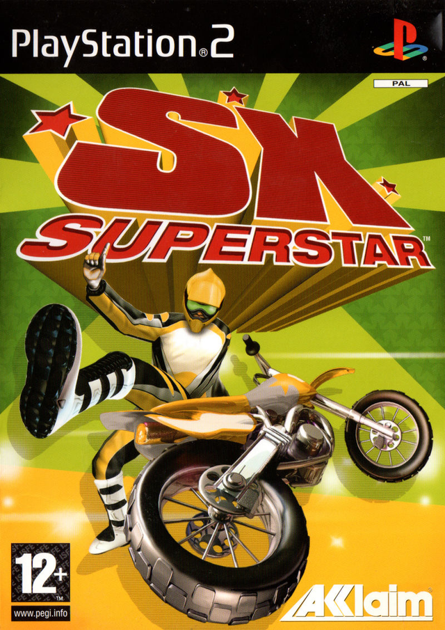 PlayStation 2 SX Superstar van Acclaim, doos voorkant met een motorcrosser in de lucht, tweedehands