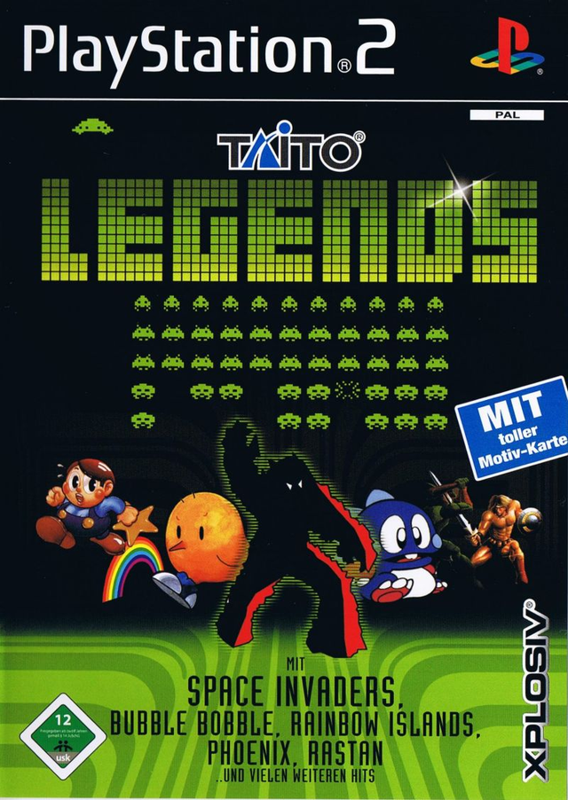 PlayStation 2 Taito Legends van Xplosiv, Duitse doos voorkant met Space Invaders en andere arcadefiguren, tweedehands