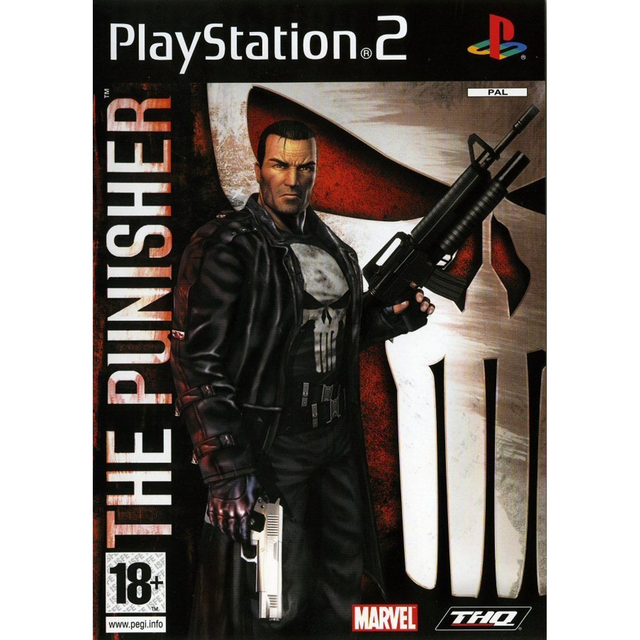 PlayStation 2 The Punisher van THQ, doos voorkant met de Punisher met geweer voor het doodshoofdlogo, tweedehands