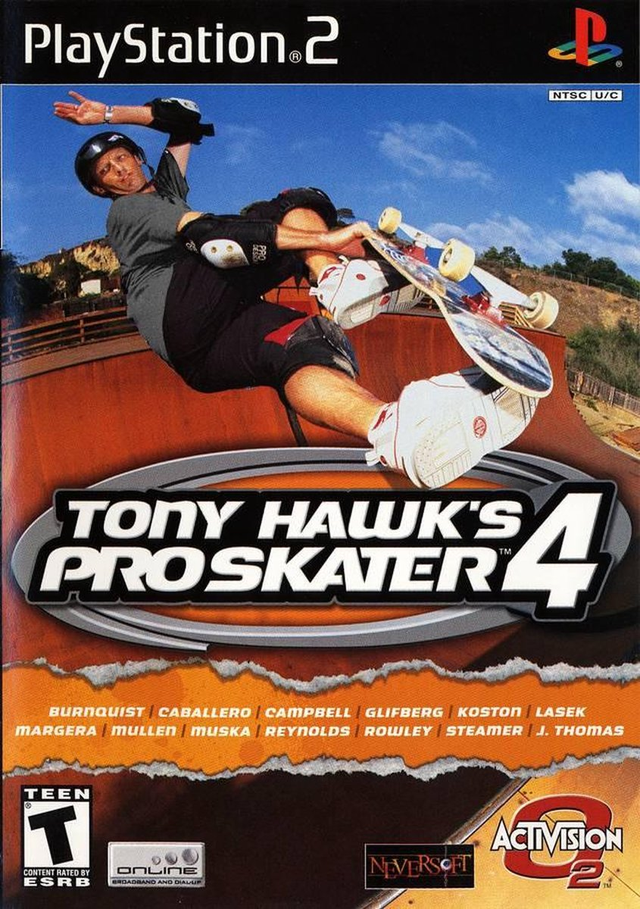 PlayStation 2 Tony Hawk's Pro Skater 4 van Activision, Amerikaanse doos voorkant met ESRB-label en skater, tweedehands