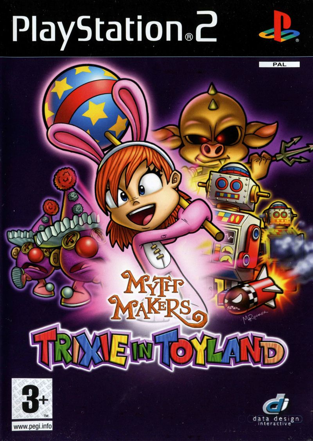 PlayStation 2 Myth Makers Trixie in Toyland van Data Design, doos voorkant met Trixie en speelgoedrobots, tweedehands