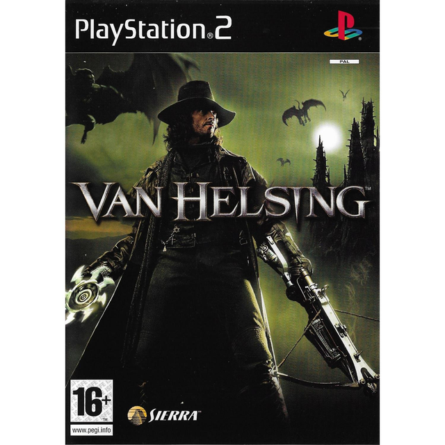 PlayStation 2 Van Helsing, doos voorkant met Van Helsing met hoed en kruisboog, tweedehands