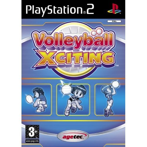 PlayStation 2 Volleyball Xciting van Agetec, doos voorkant met drie getekende volleybalsters, tweedehands