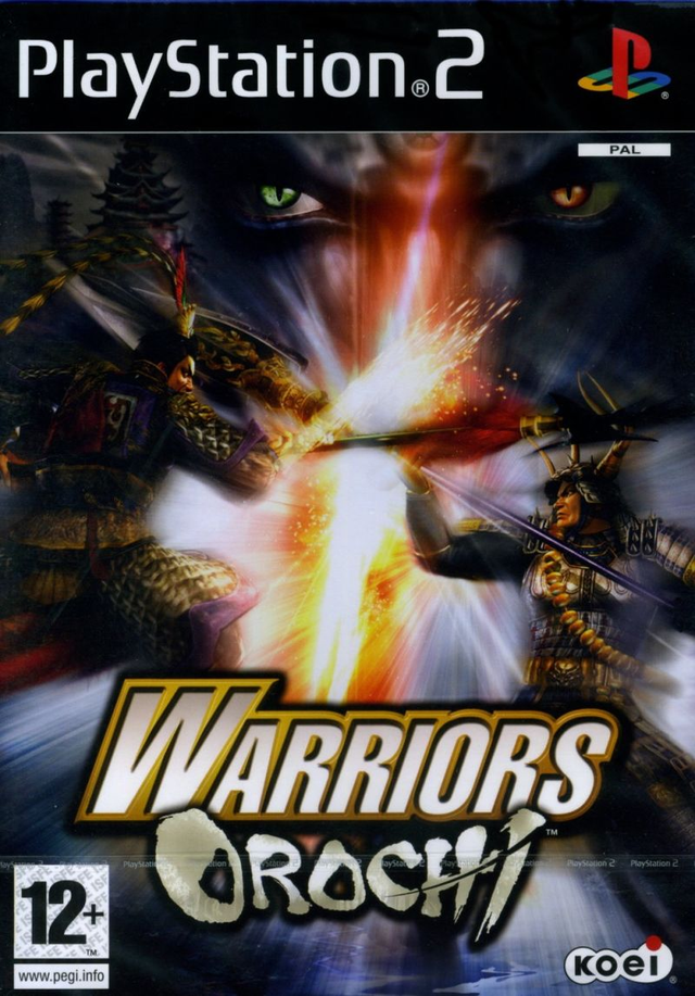PlayStation 2 Warriors Orochi van Koei, doos voorkant met twee krijgers en een lichtflits, tweedehands