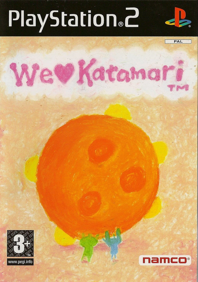 PlayStation 2 We Love Katamari van Namco, doos voorkant met een getekende oranje bal, tweedehands