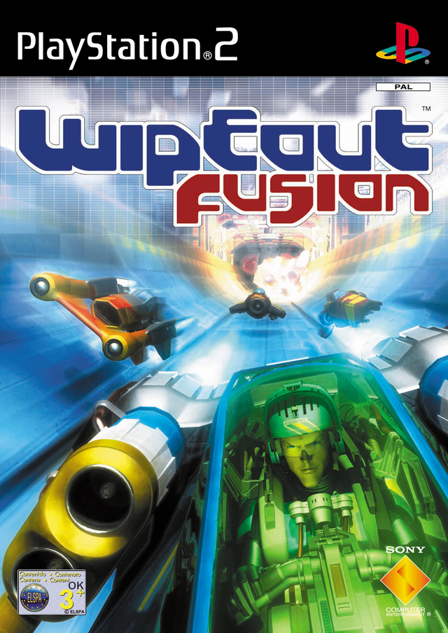 PlayStation 2 Wipeout Fusion van Sony, doos voorkant met futuristische racers in een lichtgevende tunnel, tweedehands