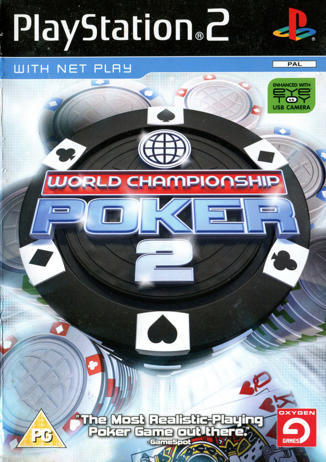 PlayStation 2 World Championship Poker 2, doos voorkant met een grote pokerchip, tweedehands