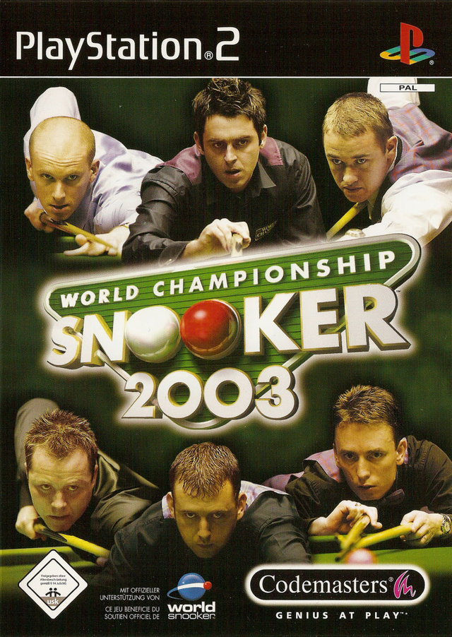 PlayStation 2 World Championship Snooker 2003 van Codemasters, doos voorkant met zes snookerspelers, tweedehands