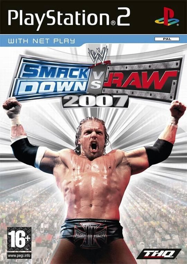PlayStation 2 WWE SmackDown vs. Raw 2007 van THQ, doos voorkant met worstelaar Triple H, tweedehands