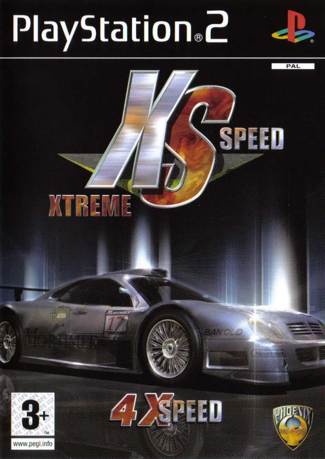 PlayStation 2 Xtreme Speed van Phoenix, doos voorkant met een zilveren raceauto onder een groot XS-logo