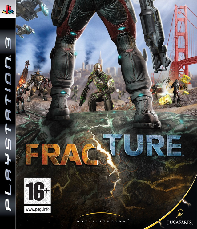 PlayStation 3 Fracture van LucasArts, doos voorkant met soldaten bij de Golden Gate Bridge en scheur in de grond, tweedehands